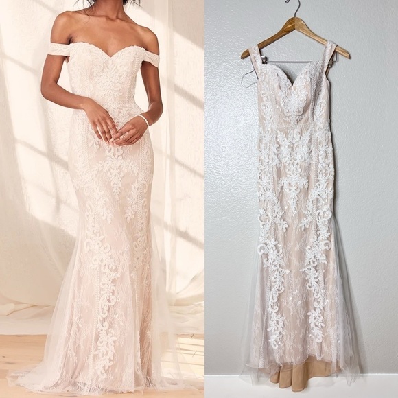 NWOT Luxe Promised Love White Beaded Lace Off-the-Shoulder Maxi Dress - Picture 6 of 13